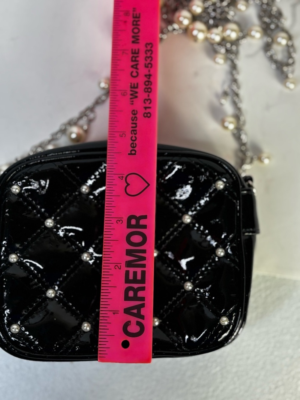 WHBM Black Patent Quilted Pearl Mini Crossbody Bag Chain Strap - Picture 10 of 10